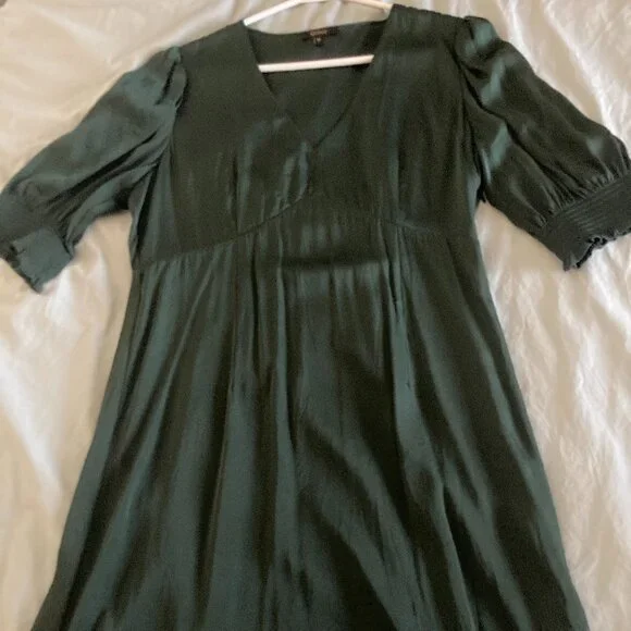 Washable Stretch Silk Puff Sleeve Mini Dress - Forest Green - Picture 4 of 9